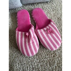 Victoria's Secret PINK Striped Plush Slippers w/ Bow | Size 6.5 | Cozy Indoor